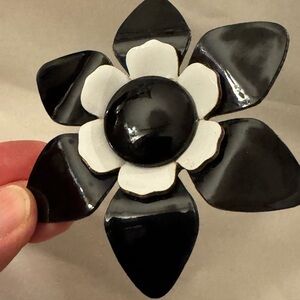 Vintage Black and White Flower Brooch Large Enamel